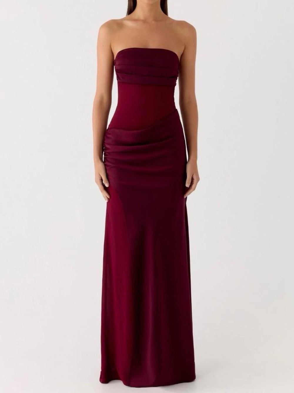 Burgundy strapless maxi dress with ruched detail